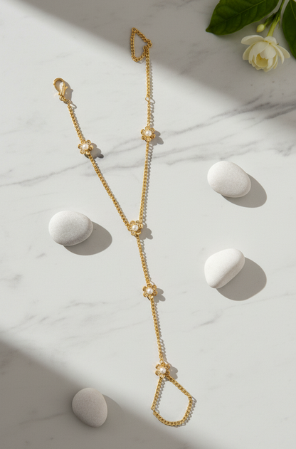Gold-Plated Floral Hand Chain Bracelet with Pearl Accents