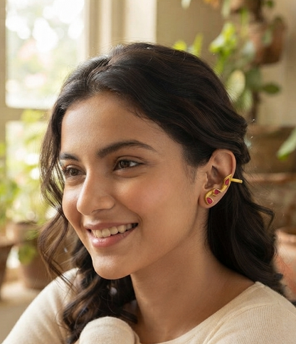 Ruby Red Teardrop Gold Ear Cuff – Statement Cartilage Wrap & Non-Pierced Earpiece