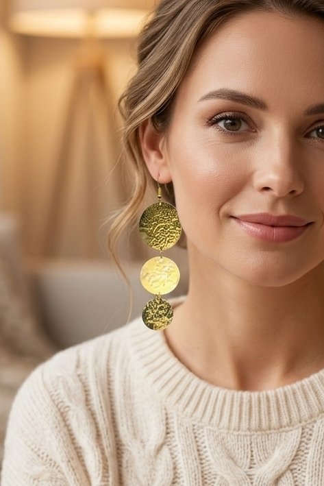 Gold Disc Drop Earrings | Hammered Coin Earrings | Statement Dangle Earrings for Women