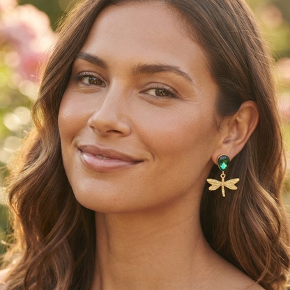 Emerald Dragonfly Statement Earrings – Whimsical Gold-Tone Dangle Jewelry