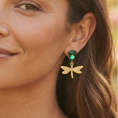Emerald Dragonfly Statement Earrings – Whimsical Gold-Tone Dangle Jewelry