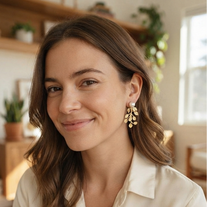 Pearl & Gold Leaf Statement Earrings – Botanical Dangle Jewelry for Her