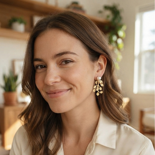 Pearl & Gold Leaf Statement Earrings – Botanical Dangle Jewelry for Her