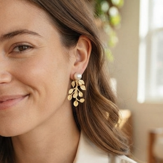 Pearl & Gold Leaf Statement Earrings – Botanical Dangle Jewelry for Her
