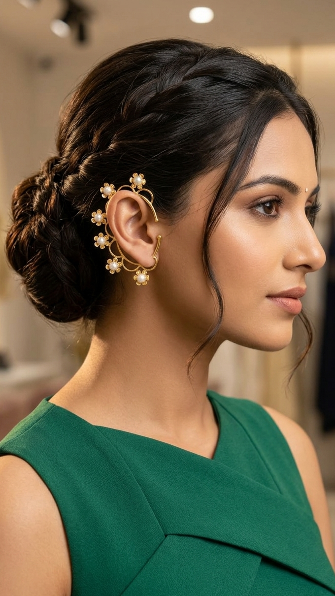 Gold Pearl Floral Ear Cuff 🌸 | Elegant Flower Ear Wrap Earrings ✨ | Bridal Ear Climber, Feminine Statement Jewelry, No Piercing