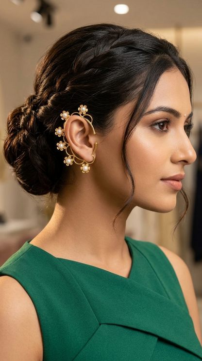 Gold Pearl Floral Ear Cuff 🌸 | Elegant Flower Ear Wrap Earrings ✨ | Bridal Ear Climber, Feminine Statement Jewelry, No Piercing