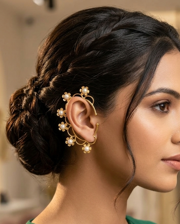 Gold Pearl Floral Ear Cuff 🌸 | Elegant Flower Ear Wrap Earrings ✨ | Bridal Ear Climber, Feminine Statement Jewelry, No Piercing