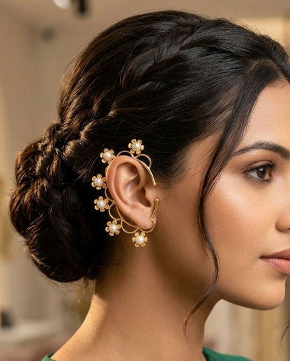 Gold Pearl Floral Ear Cuff 🌸 | Elegant Flower Ear Wrap Earrings ✨ | Bridal Ear Climber, Feminine Statement Jewelry, No Piercing