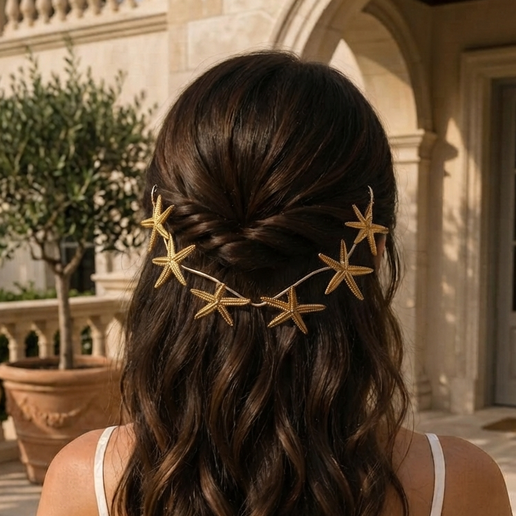 Gold Starfish Tiara – Coastal Wedding Hair Vine & Beach Bride Headpiece