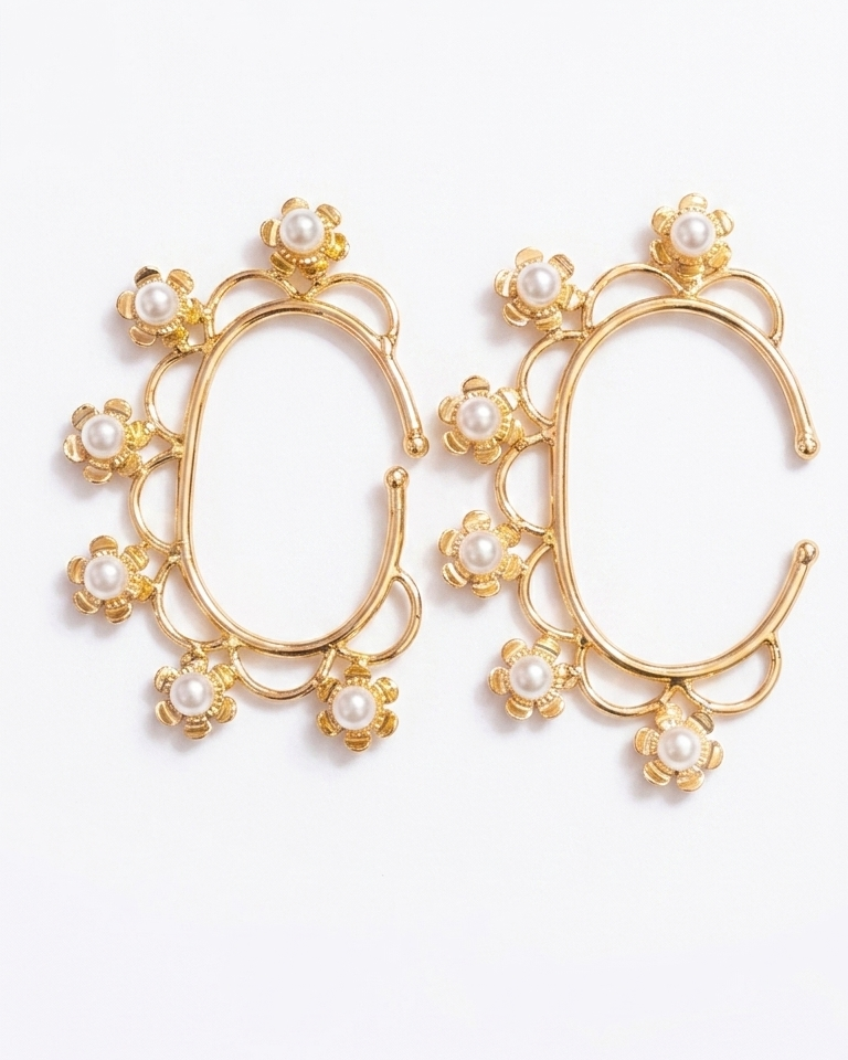 Gold Pearl Floral Ear Cuff 🌸 | Elegant Flower Ear Wrap Earrings ✨ | Bridal Ear Climber, Feminine Statement Jewelry, No Piercing