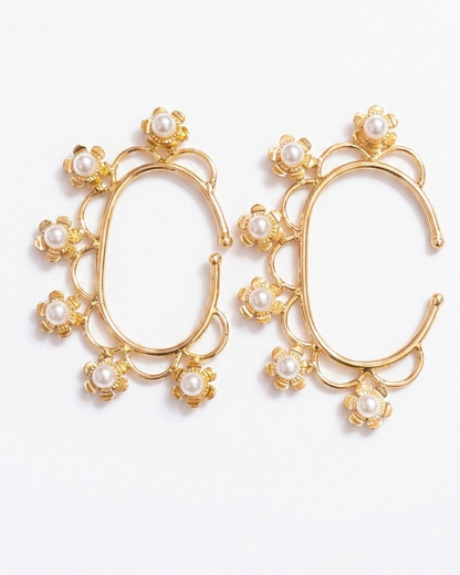 Gold Pearl Floral Ear Cuff 🌸 | Elegant Flower Ear Wrap Earrings ✨ | Bridal Ear Climber, Feminine Statement Jewelry, No Piercing