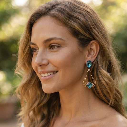 Art Deco Blue Crystal Statement Earrings – Vintage-Inspired Gold Geometric Drop Dangles
