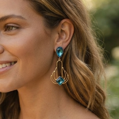 Art Deco Blue Crystal Statement Earrings – Vintage-Inspired Gold Geometric Drop Dangles