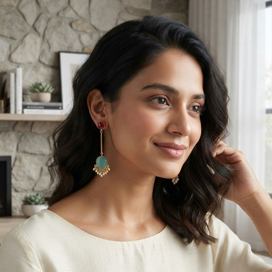 Gemstone Drop Earrings – Gold Plated Beaded Dangle Earrings with Pearl Accents