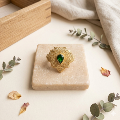 Large Gold Flower Statement Ring • Green Center Floral Ring • Oversized Hammered Gold Ring