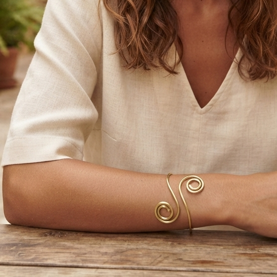 Double Spiral Gold Cuff Bracelet – Minimalist Wire Wrapped Statement Bangle