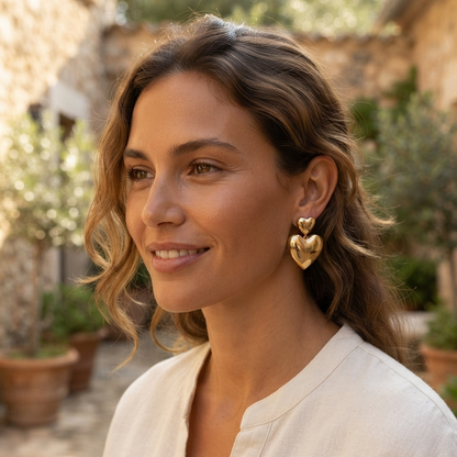 Gold Puffed Heart Drop Earrings – Chic Double Heart Statement Dangles