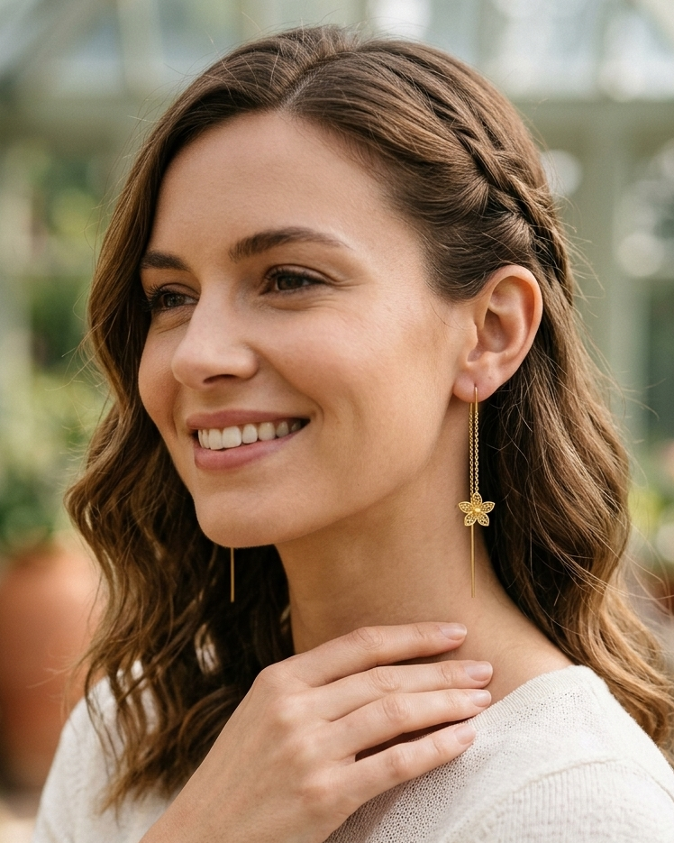 Gold Flower Threader Earrings • Dainty Floral Filigree Pull-Through Earrings