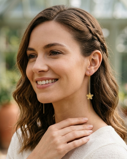 Gold Flower Threader Earrings • Dainty Floral Filigree Pull-Through Earrings