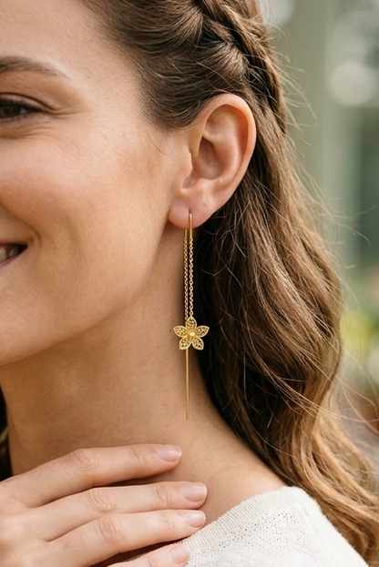 Gold Flower Threader Earrings • Dainty Floral Filigree Pull-Through Earrings