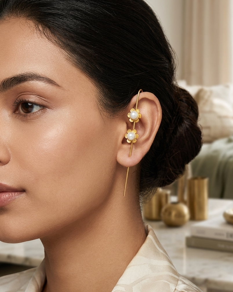 Golden Pearl Ear Cuff | Floral Ear Climber | Minimalist Brass Ear Wrap