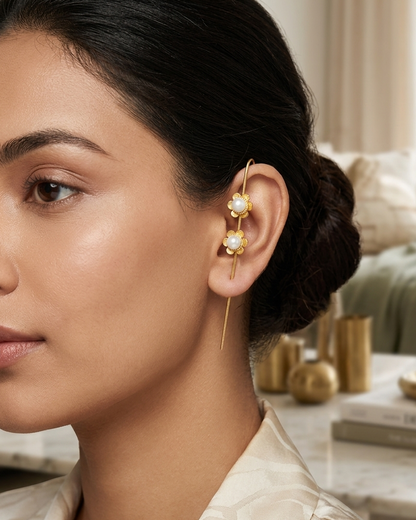 Golden Pearl Ear Cuff | Floral Ear Climber | Minimalist Brass Ear Wrap