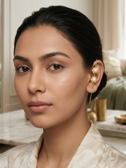 Golden Pearl Ear Cuff | Floral Ear Climber | Minimalist Brass Ear Wrap