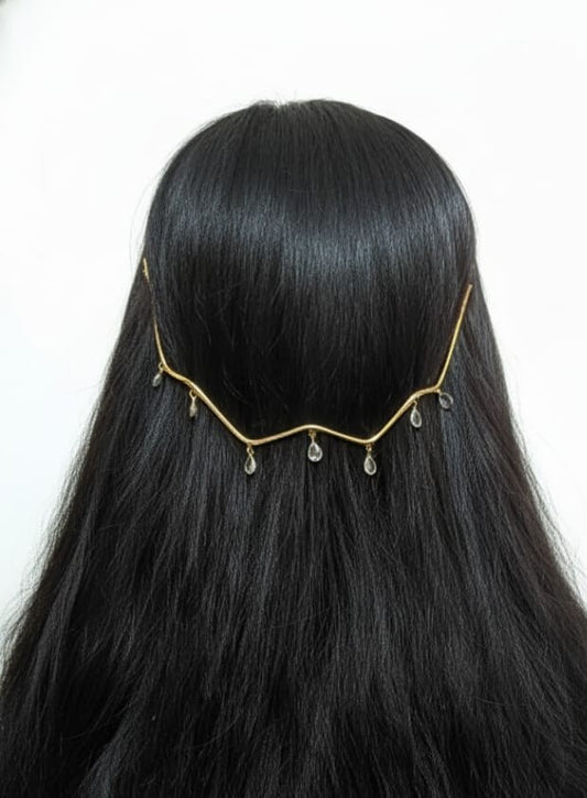 Gold-Plated Wave Tiara with Crystal Drop Charms✨