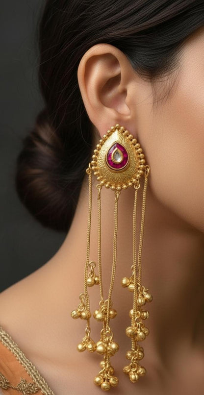 Gold-Plated Traditional Jhumka Earrings with Chains & Ghungroo For Women