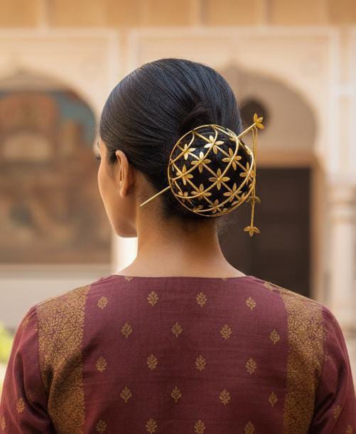 Gold Plated Floral Hair Bun Cage for Women