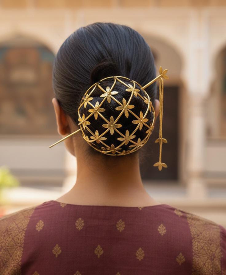 Gold Plated Floral Hair Bun Cage for Women