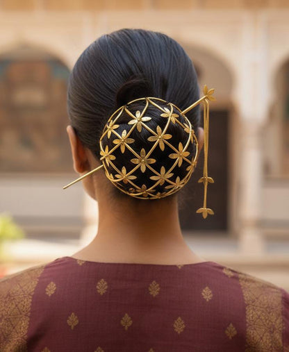 Gold Plated Floral Hair Bun Cage for Women