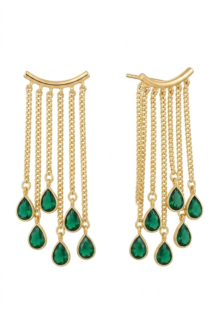 Gold Plated Red Stone Chain Tassel Earrings for Women  | Long Dangle Fringe Earrings with Ruby Drop Charms