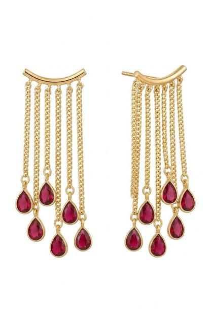 Gold Plated Red Stone Chain Tassel Earrings for Women  | Long Dangle Fringe Earrings with Ruby Drop Charms