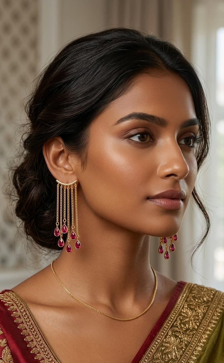 Gold Plated Red Stone Chain Tassel Earrings for Women  | Long Dangle Fringe Earrings with Ruby Drop Charms