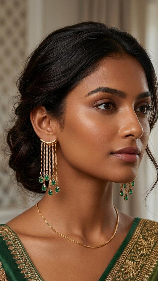 Gold Plated Red Stone Chain Tassel Earrings for Women  | Long Dangle Fringe Earrings with Ruby Drop Charms