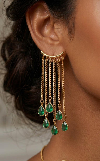 Gold Plated Red Stone Chain Tassel Earrings for Women  | Long Dangle Fringe Earrings with Ruby Drop Charms