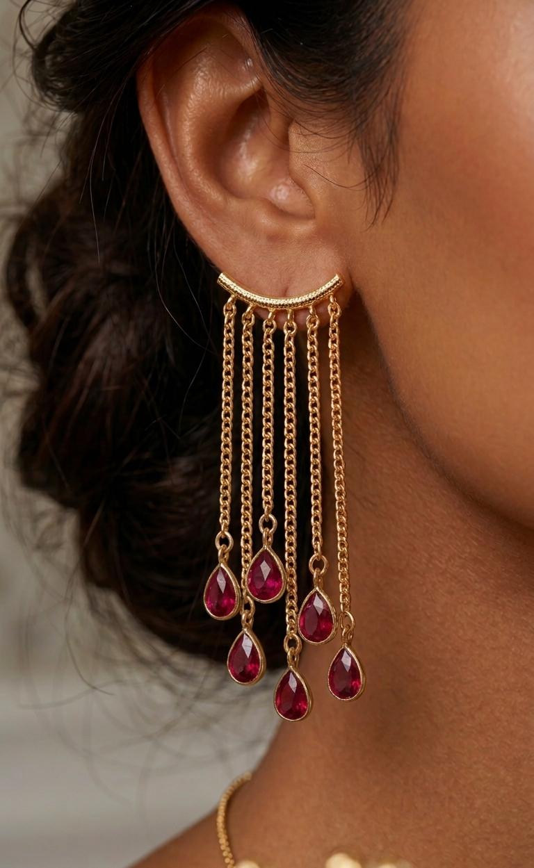 Gold Plated Red Stone Chain Tassel Earrings for Women  | Long Dangle Fringe Earrings with Ruby Drop Charms