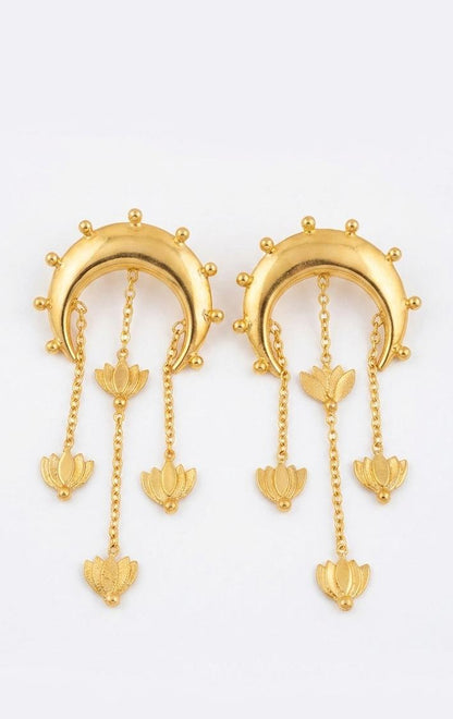 Gold Lotus Chandelier Earrings 🌼 | Boho Crescent Moon Dangle Earrings ✨ | Statement Ethnic Jewelry, Festival & Party Wear