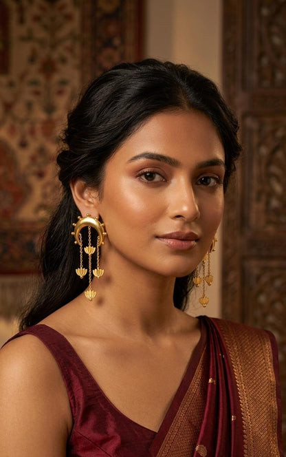 Gold Lotus Chandelier Earrings 🌼 | Boho Crescent Moon Dangle Earrings ✨ | Statement Ethnic Jewelry, Festival & Party Wear
