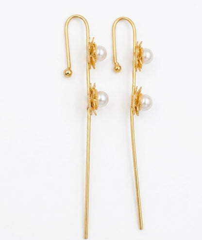 Golden Pearl Ear Cuff | Floral Ear Climber | Minimalist Brass Ear Wrap