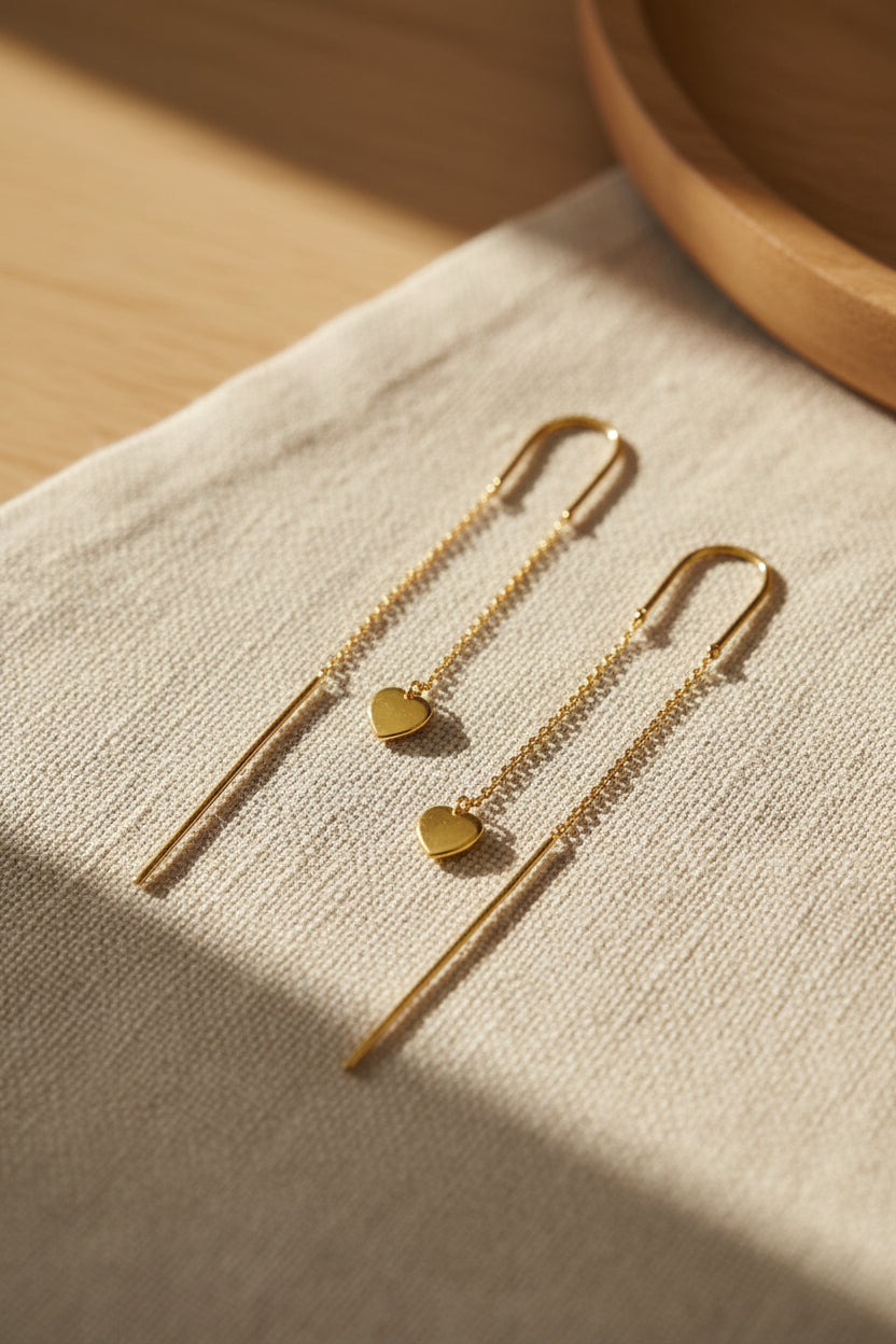 Gold Heart Threader Earrings • Dainty Long Chain Pull-Through Earrings