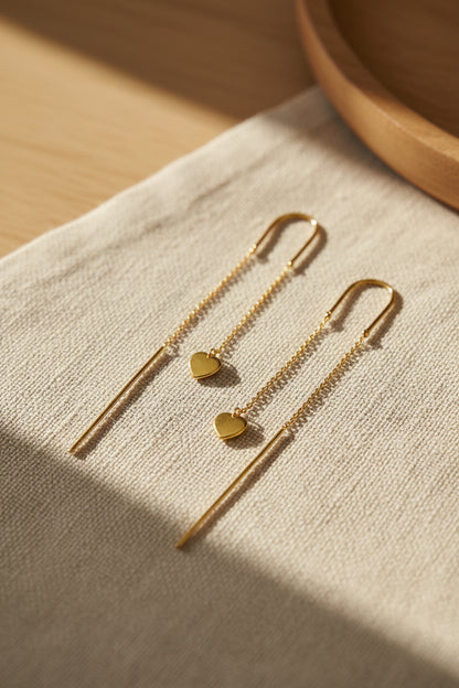 Gold Heart Threader Earrings • Dainty Long Chain Pull-Through Earrings