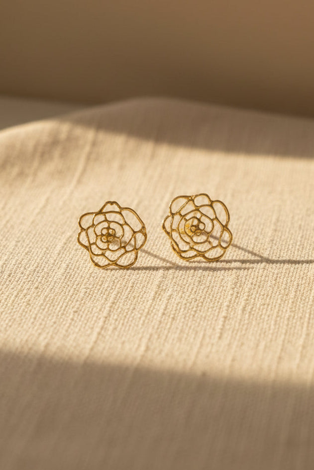 Gold Rose Filigree Stud Earrings • Minimalist Rose Bud Studs
