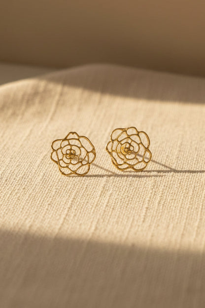 Gold Rose Filigree Stud Earrings • Minimalist Rose Bud Studs