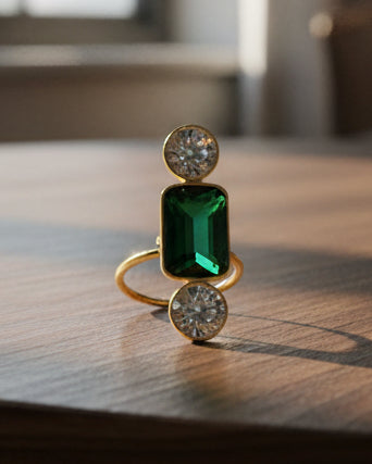 Multicolor Rectangle Ring • Gold Three Stone Statement Ring • Emerald Cut Gemstone Ring • Art Deco Inspired Jewelry • Elegant Gift for Her • Minimalist Gold Band Ring