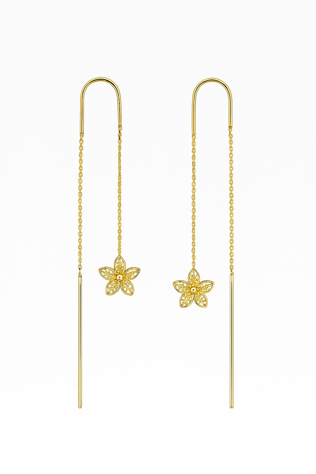 Gold Flower Threader Earrings • Dainty Floral Filigree Pull-Through Earrings