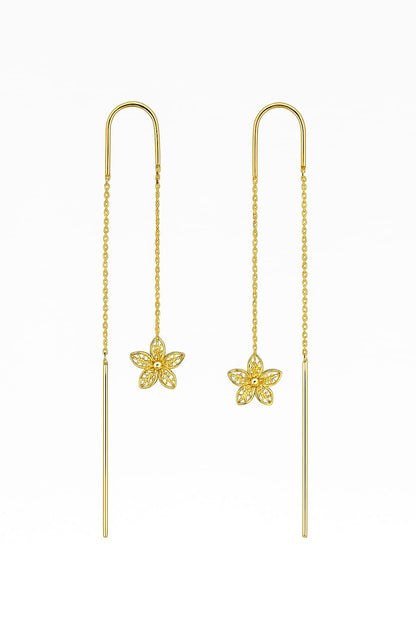 Gold Flower Threader Earrings • Dainty Floral Filigree Pull-Through Earrings