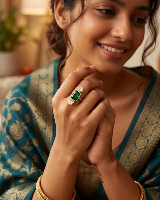 Multicolor Rectangle Ring • Gold Three Stone Statement Ring • Emerald Cut Gemstone Ring • Art Deco Inspired Jewelry • Elegant Gift for Her • Minimalist Gold Band Ring