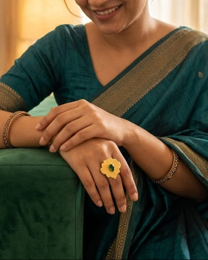 Large Gold Flower Statement Ring • Green Center Floral Ring • Oversized Hammered Gold Ring